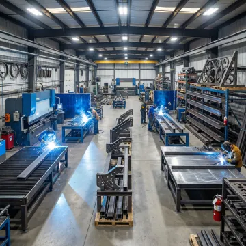 Custom metal fabrication workshop showing various steel projects and welding equipment