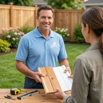 Professional fence installer comparing different materials with homeowner