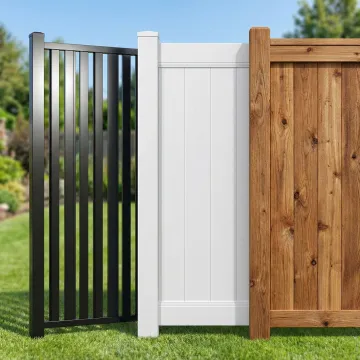 Comparison of aluminum, vinyl, and wood fence materials displayed side by side