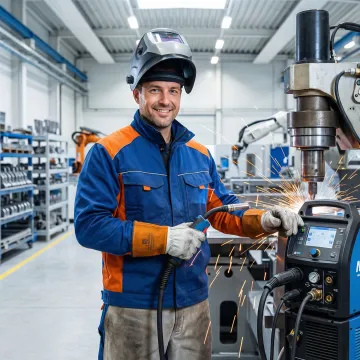 Professional welder performing precision welding on industrial manufacturing equipment