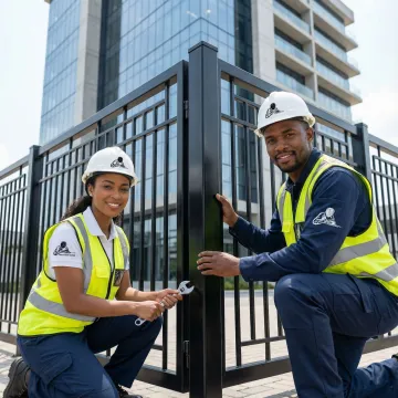 Professional commercial fence installation showing durable steel fencing around business property