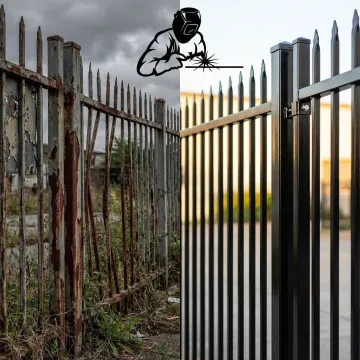 Before and after comparison of professional fence repair work