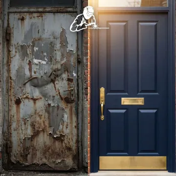 Before and after comparison of restored metal door