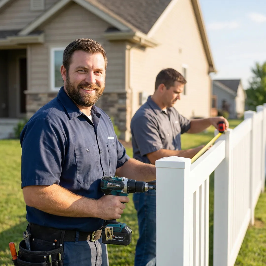 Professional fence installers working on vinyl fence post installation