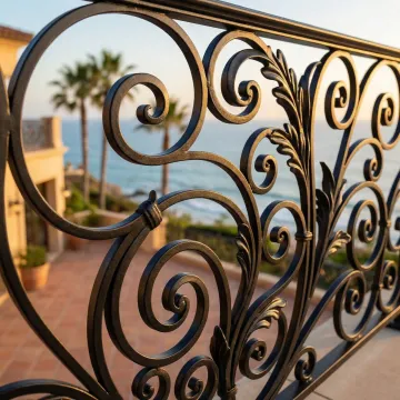 Close-up of custom wrought iron railing detail showing rust-resistant finish