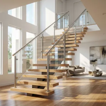 Elegant glass railing installation on modern staircase with metal posts