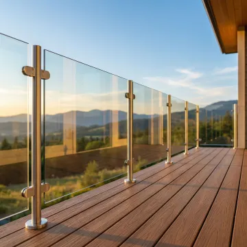 Modern glass railing system installed on outdoor deck with clear views