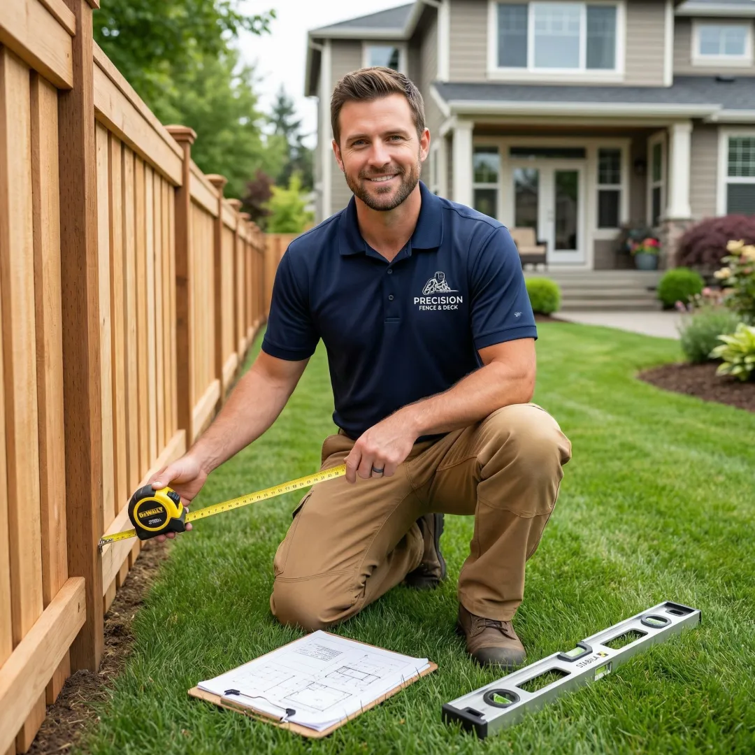 Professional fence contractor measuring and planning fence installation at residential property