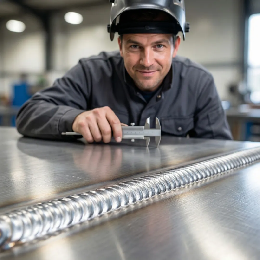 Close-up of certified welder inspecting precision weld seam on stainless steel structural component