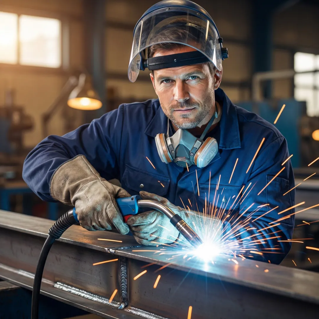Close-up of skilled welder creating precision weld joint on structural steel