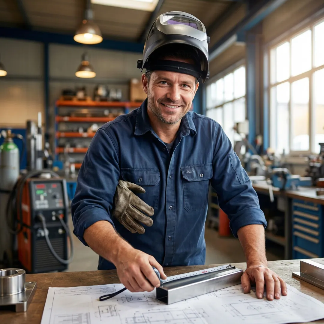 Skilled craftsman measuring and planning custom metalwork fabrication