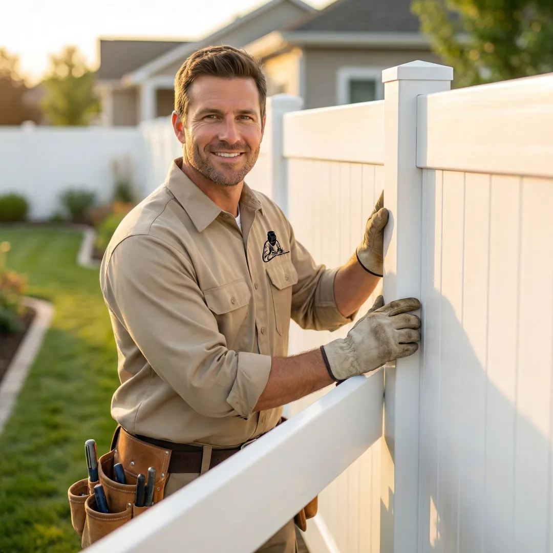 Professional contractor installing vinyl fence panels