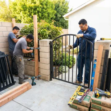 Professional fence installation team working on custom fencing project