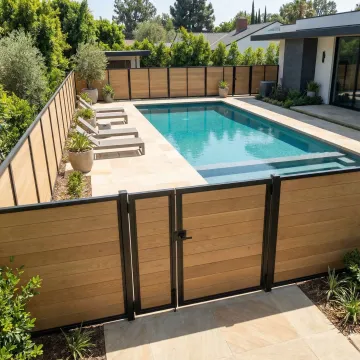 Beautiful custom pool fence with safety gate around modern swimming pool