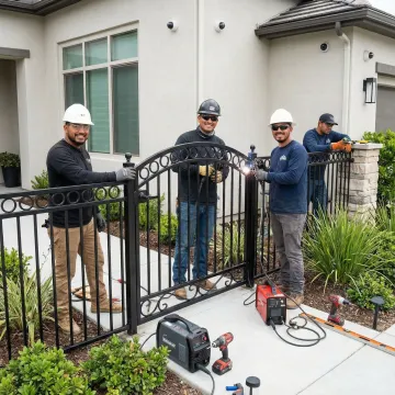 Professional residential fence installation team working on custom wrought iron fencing