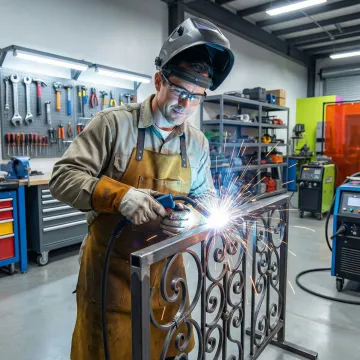 Craftsman welding ornate wrought iron railing with coastal design elements