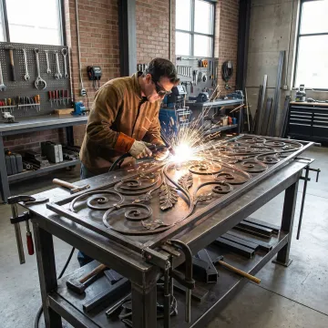 Skilled welder fabricating custom wrought iron railing components