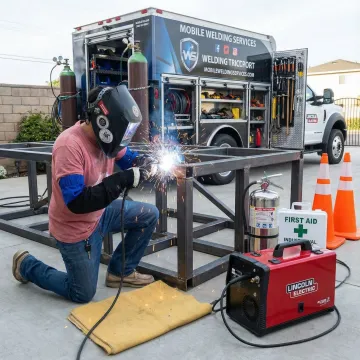 Professional welder performing onsite welding with sparks flying in industrial setting