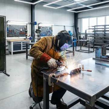 Professional welder working on heavy metal fabrication project with sparks flying