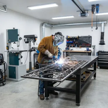 Craftsman welding ornate wrought iron scrollwork in workshop