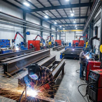 Professional carbon steel fabrication workshop with welding equipment and steel structures