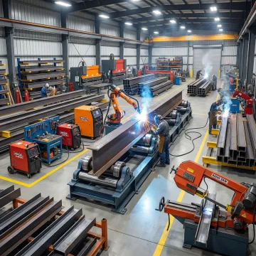 Industrial carbon steel fabrication workshop with precision welding equipment