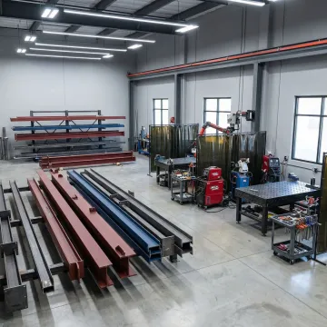 Industrial metal fabrication workshop with steel structures and welding equipment