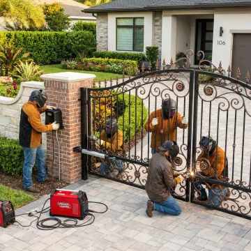 Professional gate installation team setting up custom wrought iron gate