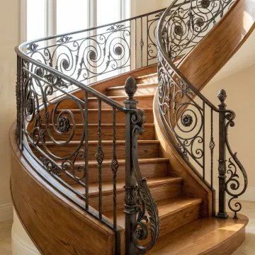 Custom wrought iron railing with wood integration on modern staircase