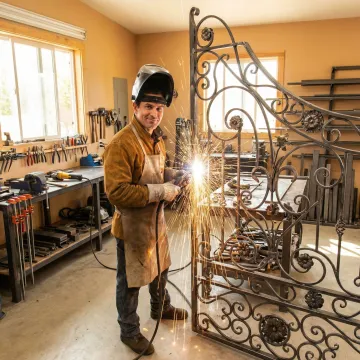 Skilled welder fabricating ornate wrought iron gate with decorative scrollwork in workshop