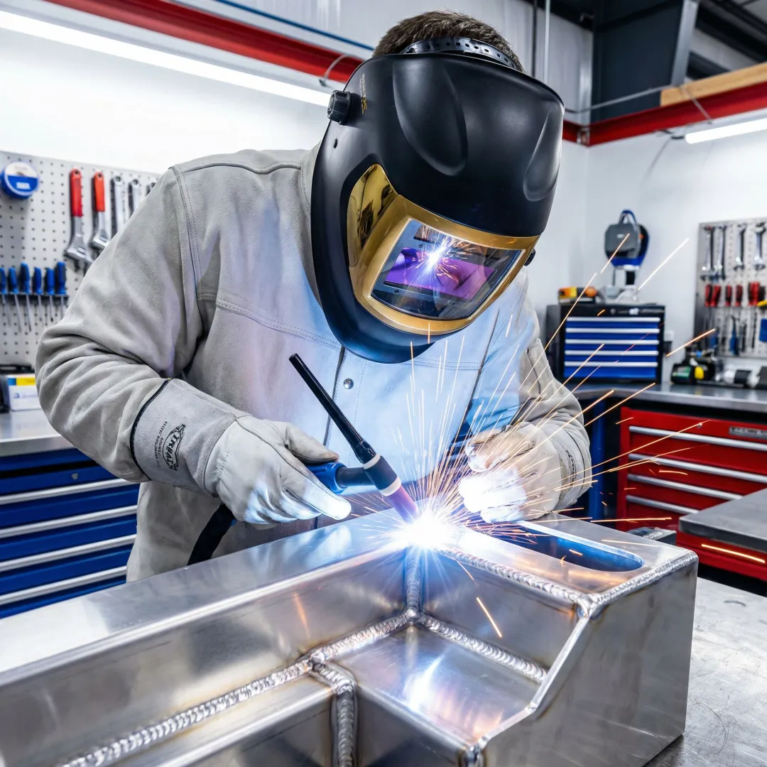 Professional welder performing precision aluminum TIG welding