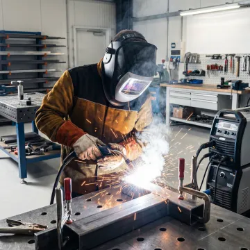Professional welder performing precision carbon steel welding with protective equipment