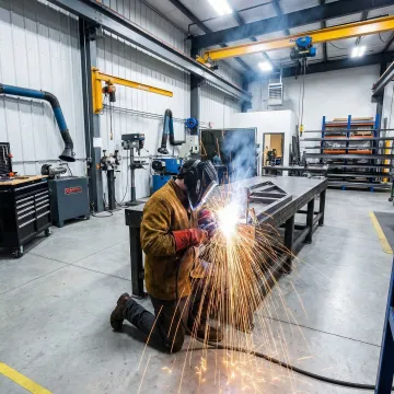 Professional metal fabricator welding custom steel structure in modern Los Angeles workshop