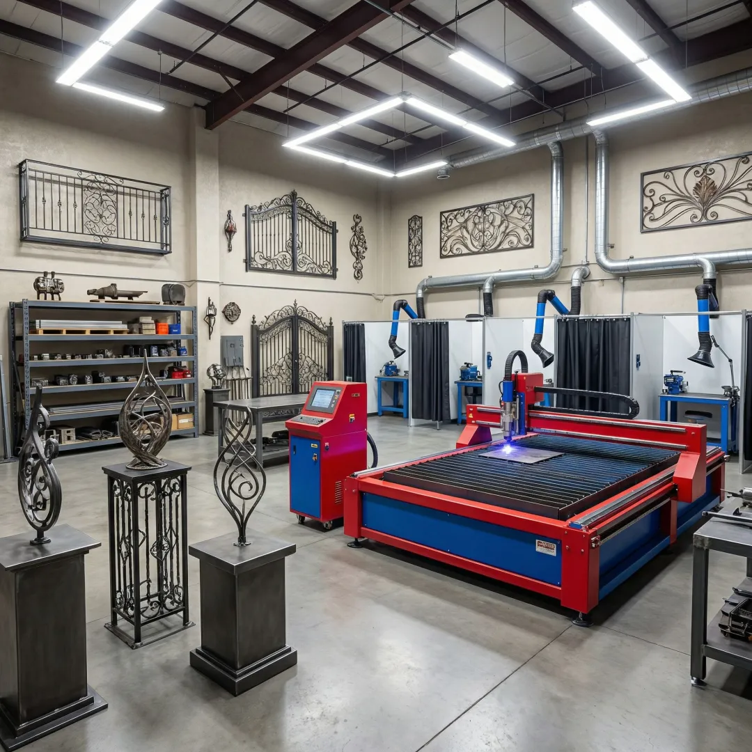 Custom metal fabrication workshop showing precision cutting and welding equipment