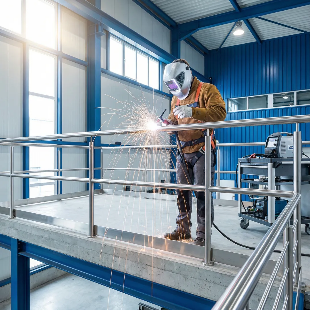 Welder installing commercial metal railing system at business facility