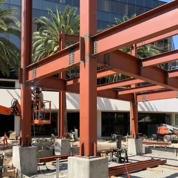 Structural steel frame construction at a Southern California commercial building site