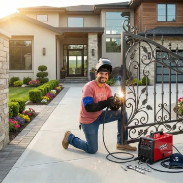 Professional welder repairing ornate iron driveway gate in residential setting