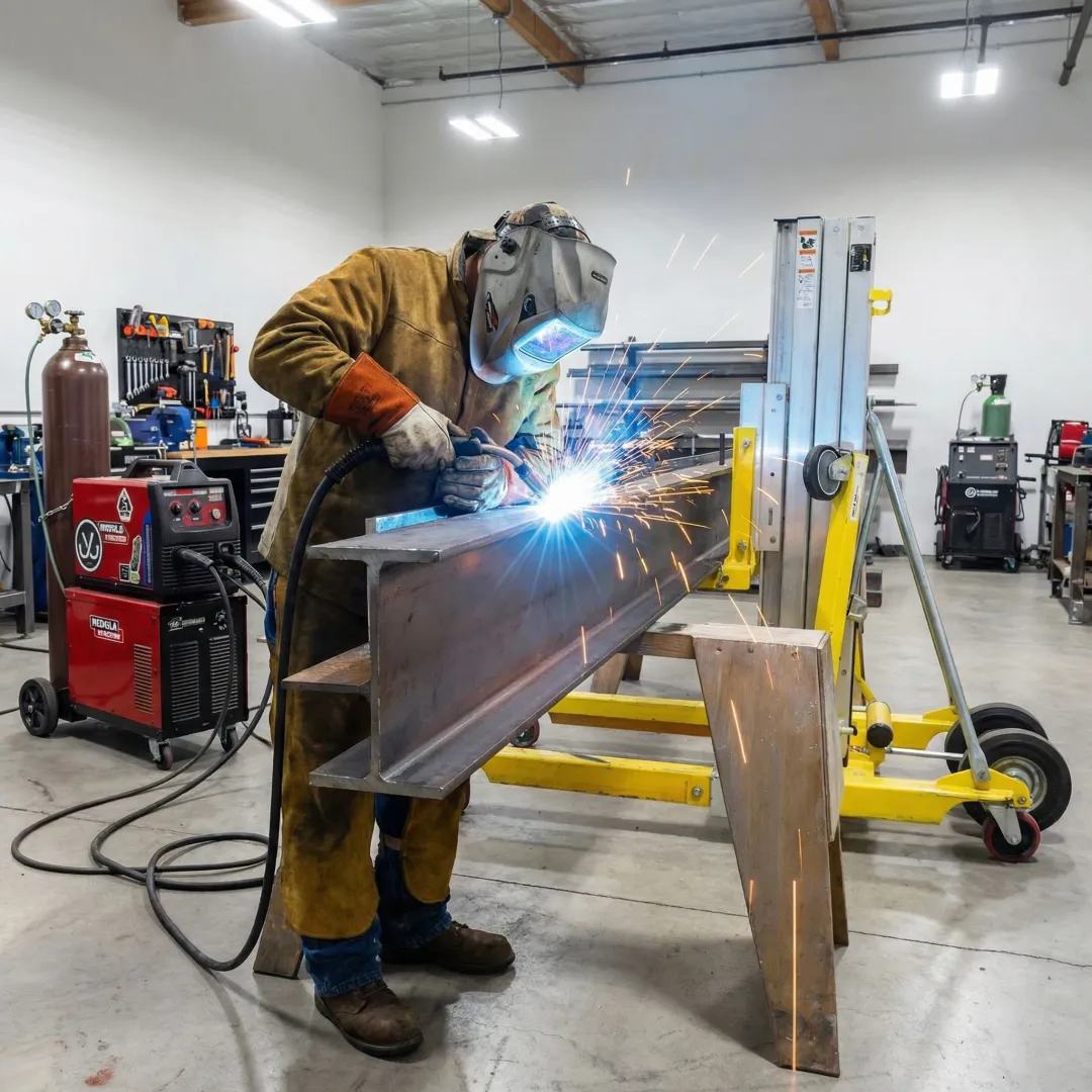 Welder performing structural steel fabrication on industrial skid frame