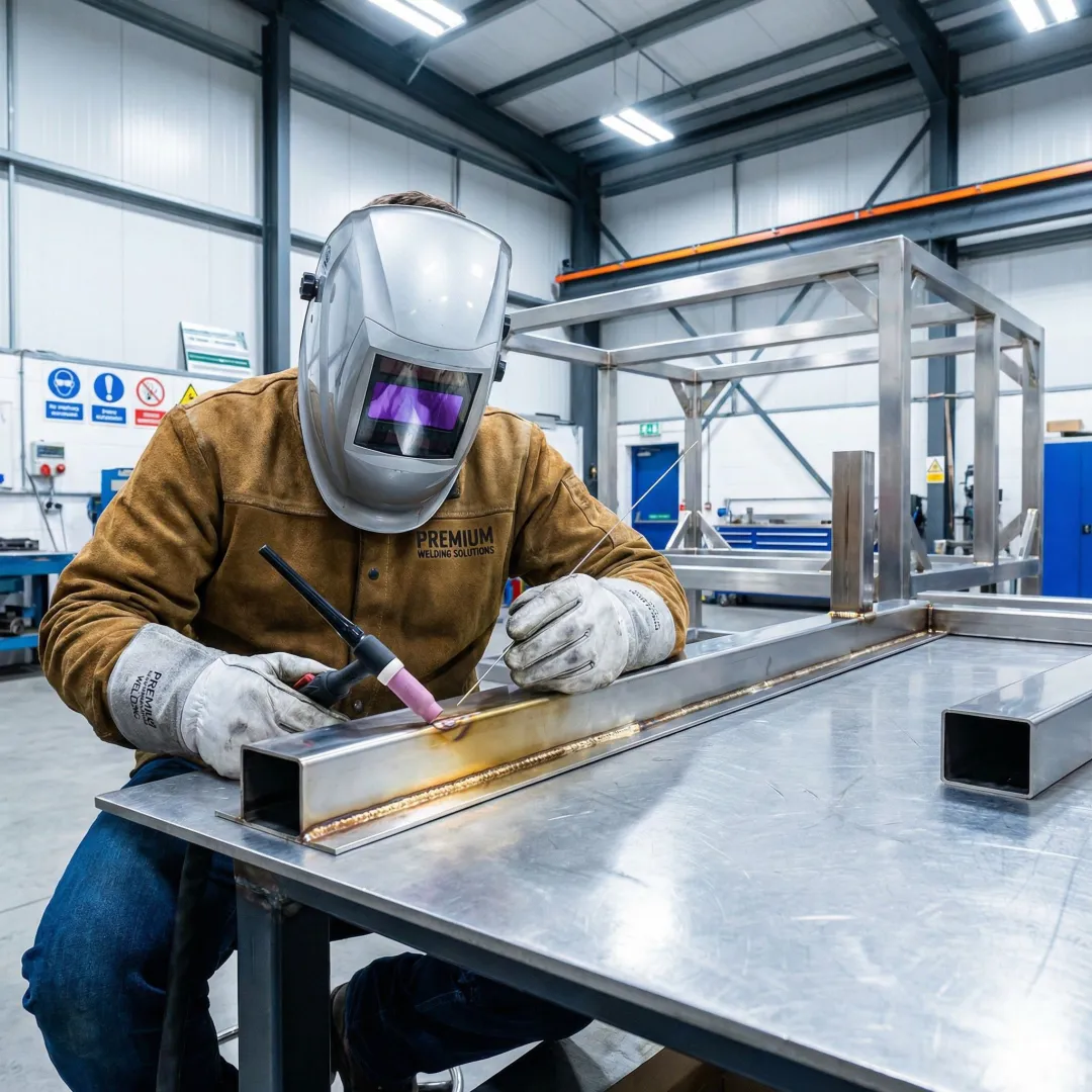 Certified welder inspecting precision TIG welding on stainless steel commercial structure