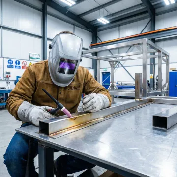 Certified welder inspecting precision TIG welding on stainless steel commercial structure