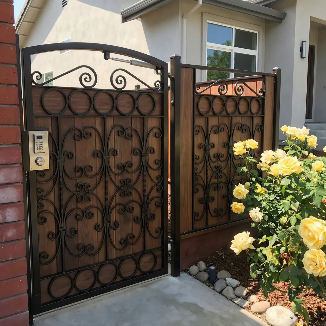 Custom wrought iron gate with wood accents installed at Costa Mesa residential property entrance