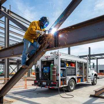 Professional mobile welder performing on-site metal fabrication work