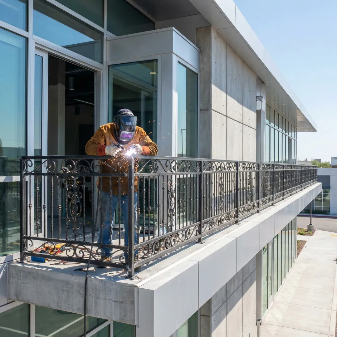 Custom commercial ironwork installation at Irvine business facility