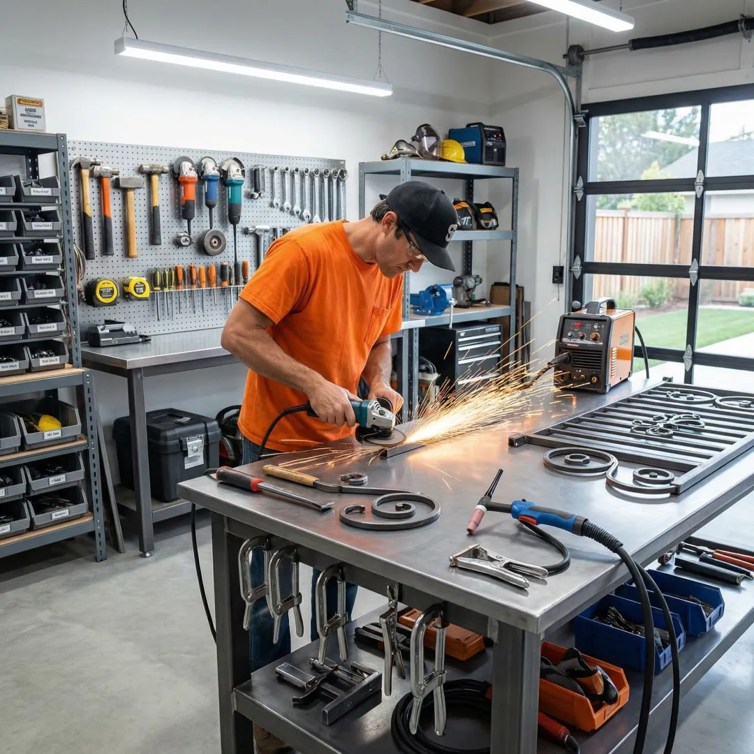 Metal fabrication workshop with custom welding equipment