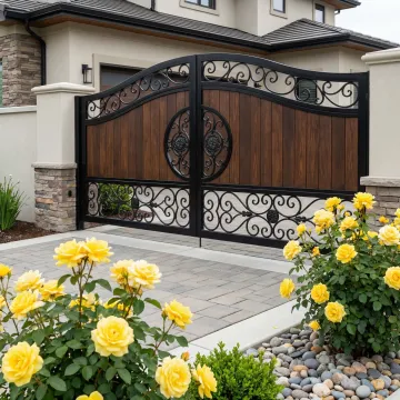 Custom wrought iron gate with wooden accents at residential property