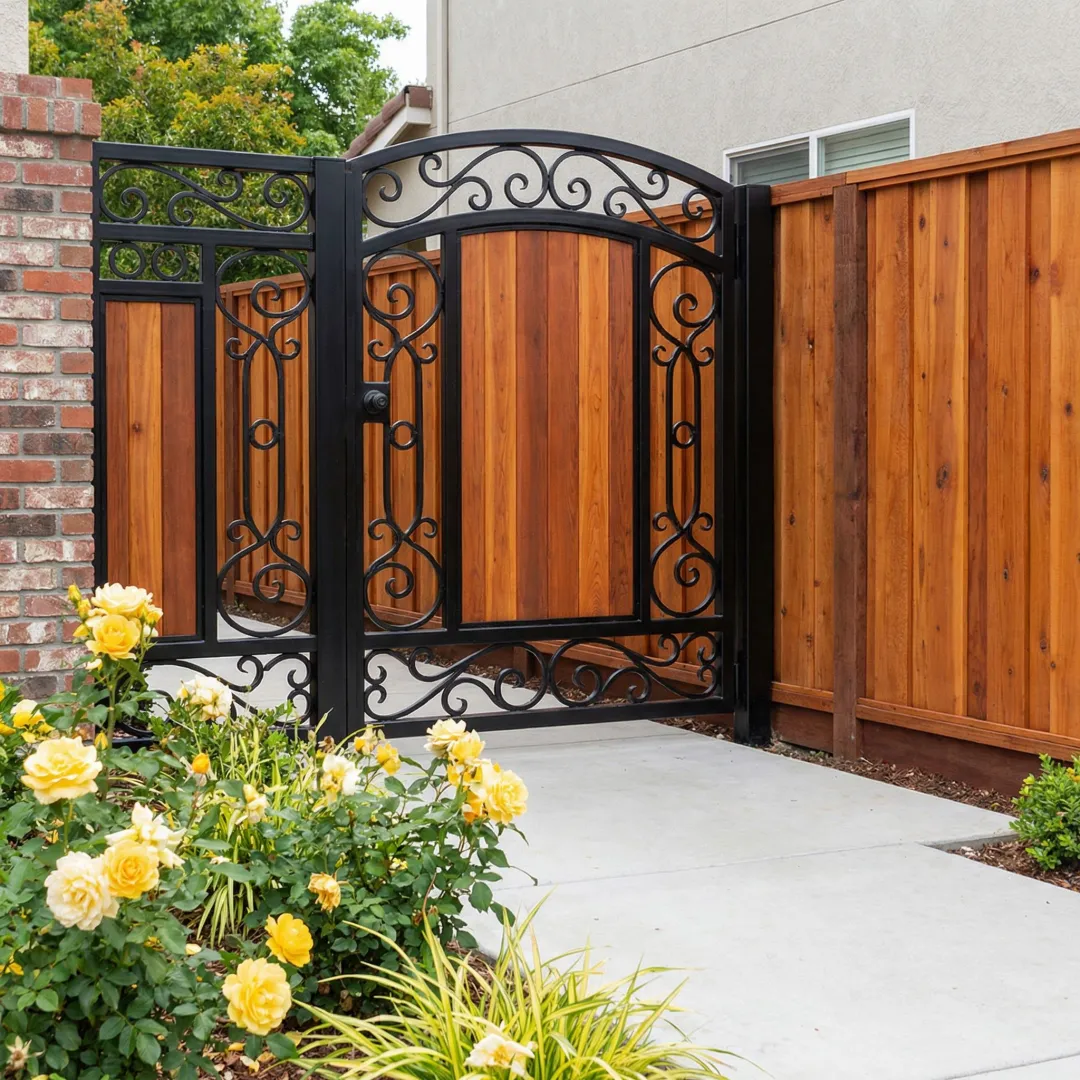 Custom wrought iron gate with wood accents installed at Mission Viejo residence