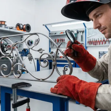 Skilled welder examining detailed metal fabrication work