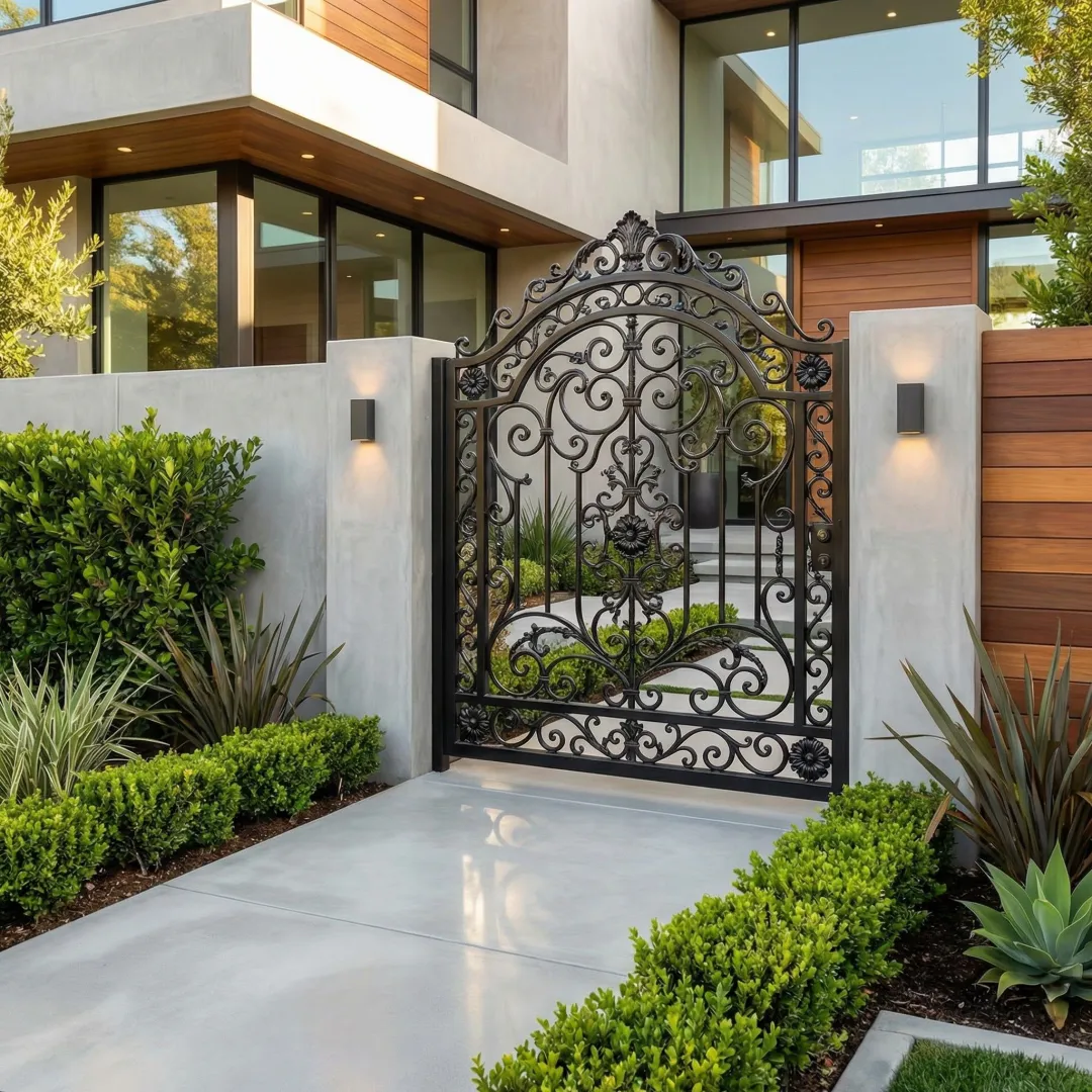 Custom wrought iron gate with decorative scrollwork installed at residential property