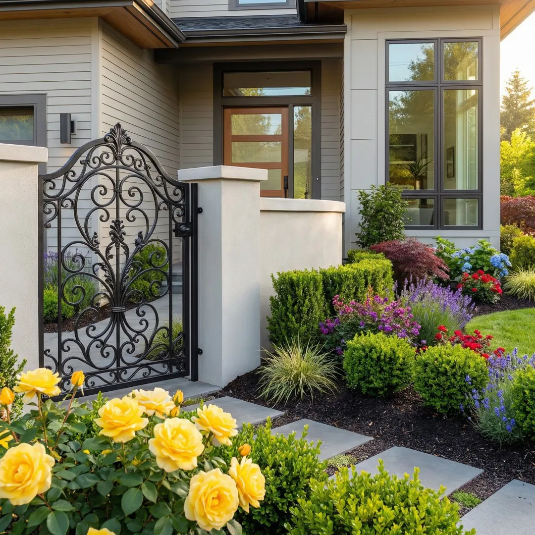 Custom welded iron gate with intricate design at residential property entrance