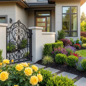 Custom welded iron gate with intricate design at residential property entrance